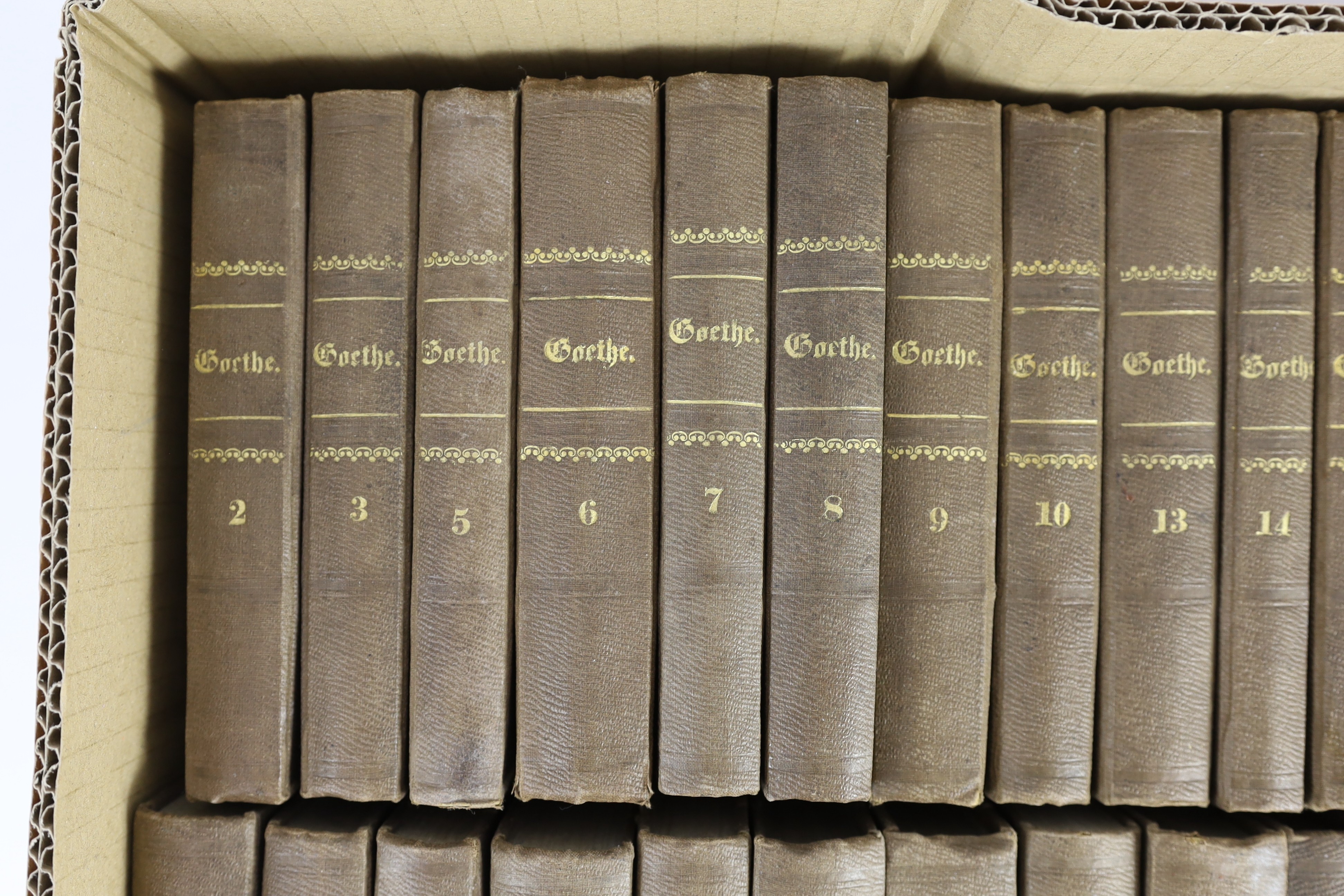 Goethe, Johanna Wolfgang - The Works in German, 35 vols (of 40), 12mo, half cloth, gilt embossed spines, Cotta’scher Verlag, Stuttgart and Augsburg, 1855